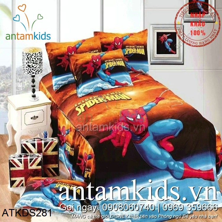 Bộ chăn ga gối đệm hình siêu nhân Người nhện SpiderMan cho bé trai