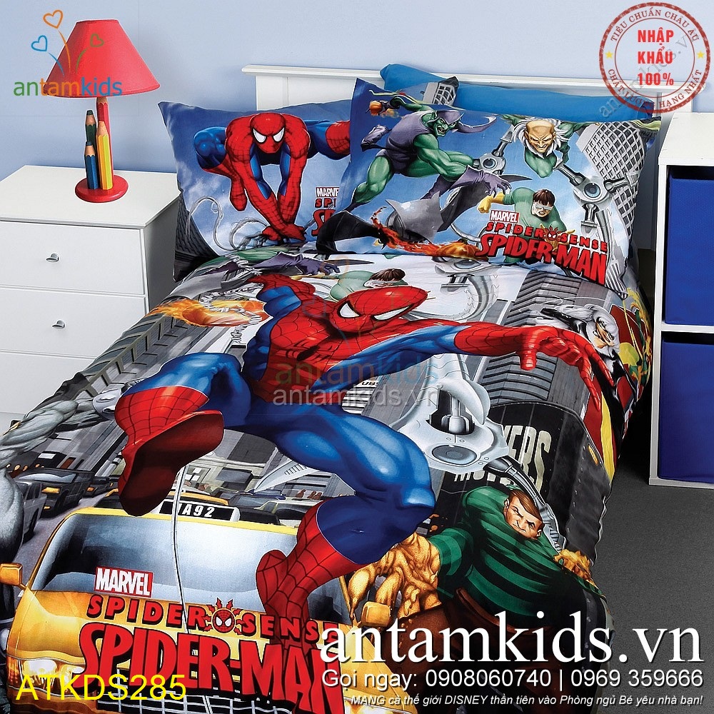 Bộ chăn ga gối đệm hình siêu nhân Người nhện SpiderMan cho bé trai