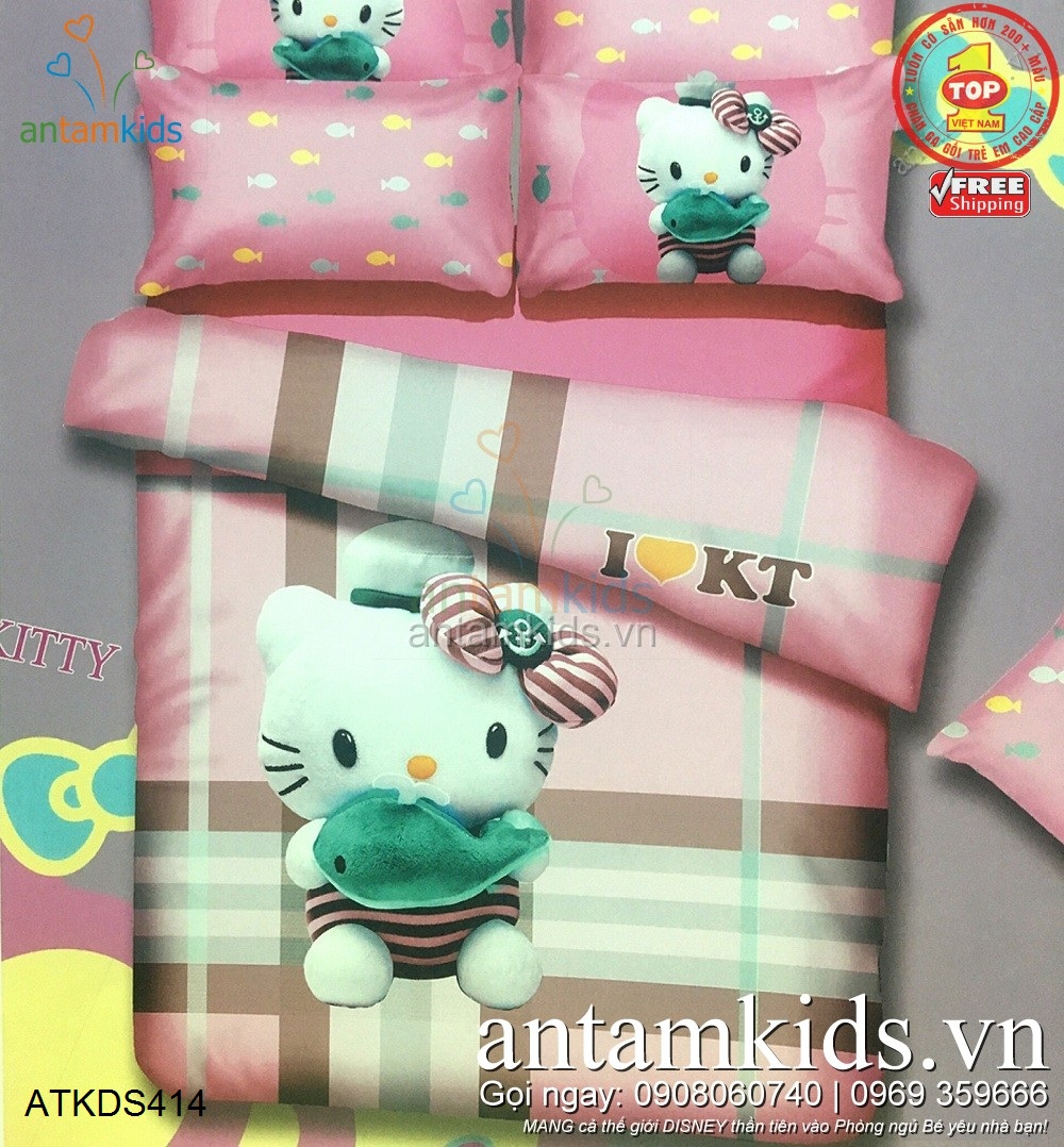 Bộ Chăn ga gối drap giường hình Hello Kitty cao cấp nhập khẩu cho bé gái