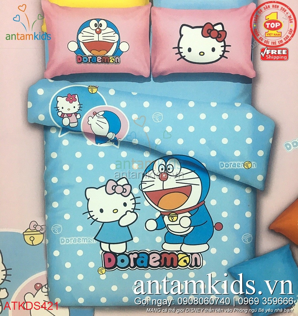 Bộ chăn ga gối đệm hình Doremon Hello Kitty cao cấp nhập khẩu cho bé trai bé gái, Chăn ga gối Doremon xịn, Chăn ga gối đệm Doremon trẻ em, Chăn ga gối hoạt hình Doremon, Chăn mền hình Doremon, Drap giường Doremon, Ra nệm Doremon cho bé yêu