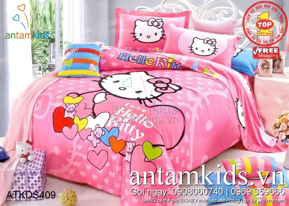 Chăn ga gối drap trải giường Hello Kitty màu hồng siêu xinh cho bé yêu