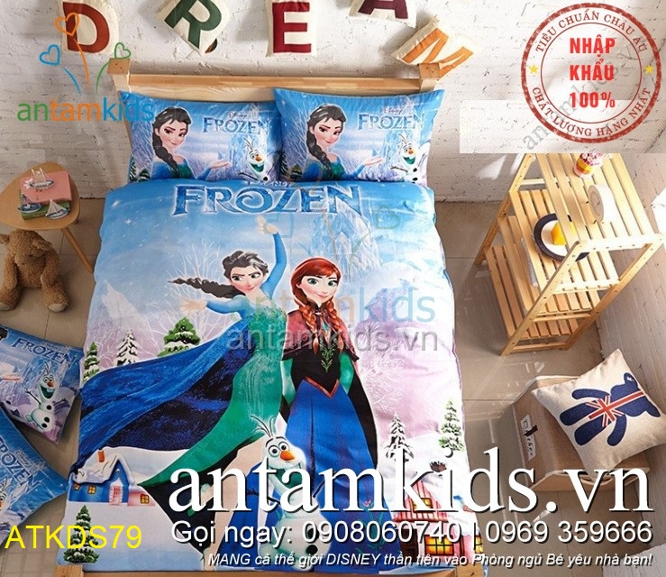 Chăn ga gối cho bé gái hình nữ hoàng Băng giá Frozen Anna Elsa antamkidsvn