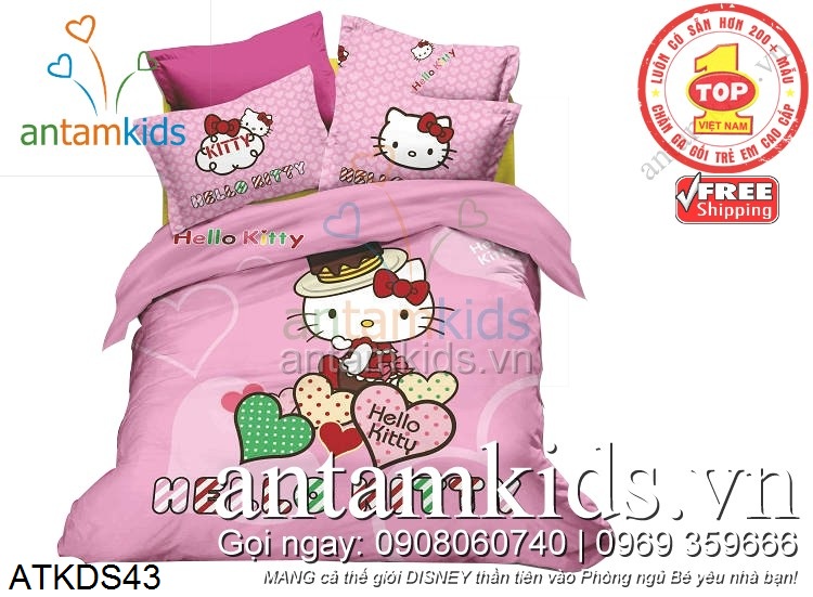 Bộ chăn ga gối Hello Kitty trái tim hồng nhập khẩu cực điệu cho bé gái