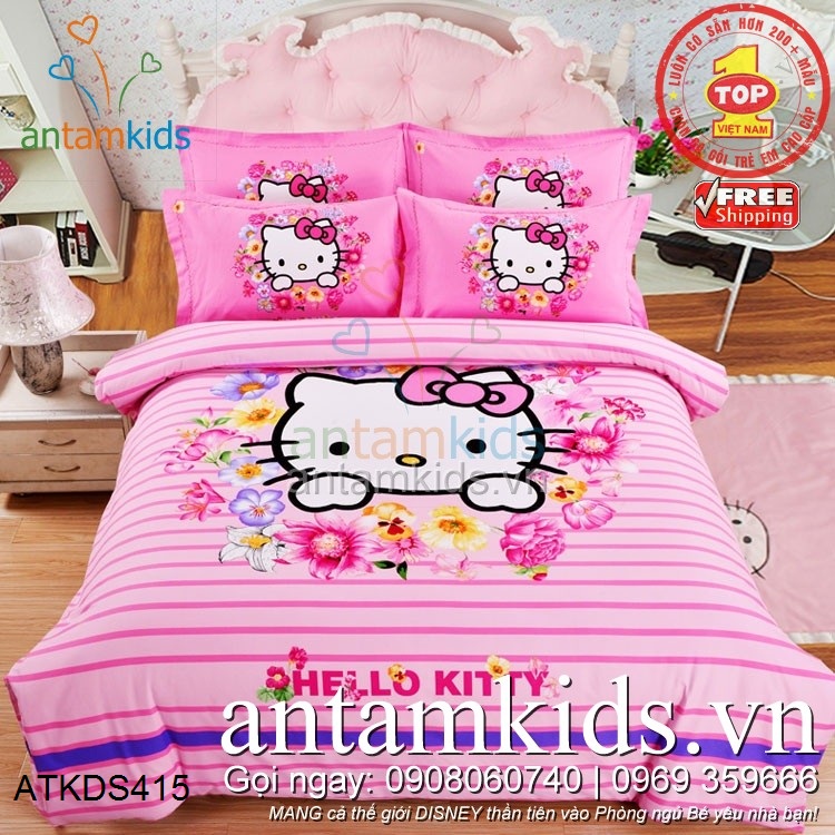 Chăn ga gối Hello Kitty, bộ drap giường Hello Kitty cao cấp nhập khẩu cho bé gái