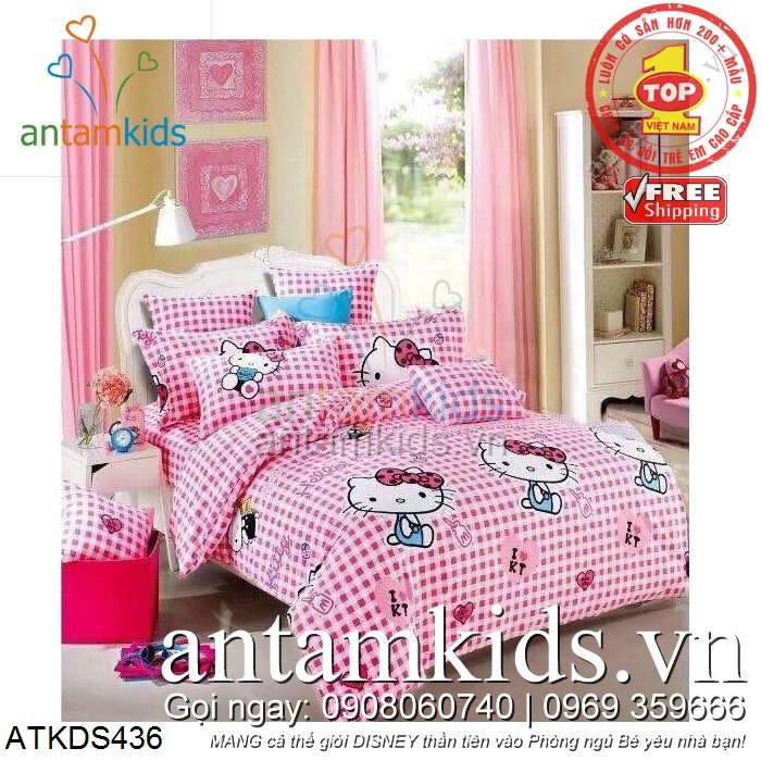 Chăn ga gối Hello Kitty caro hồng dành cho bé gái siêu xinh