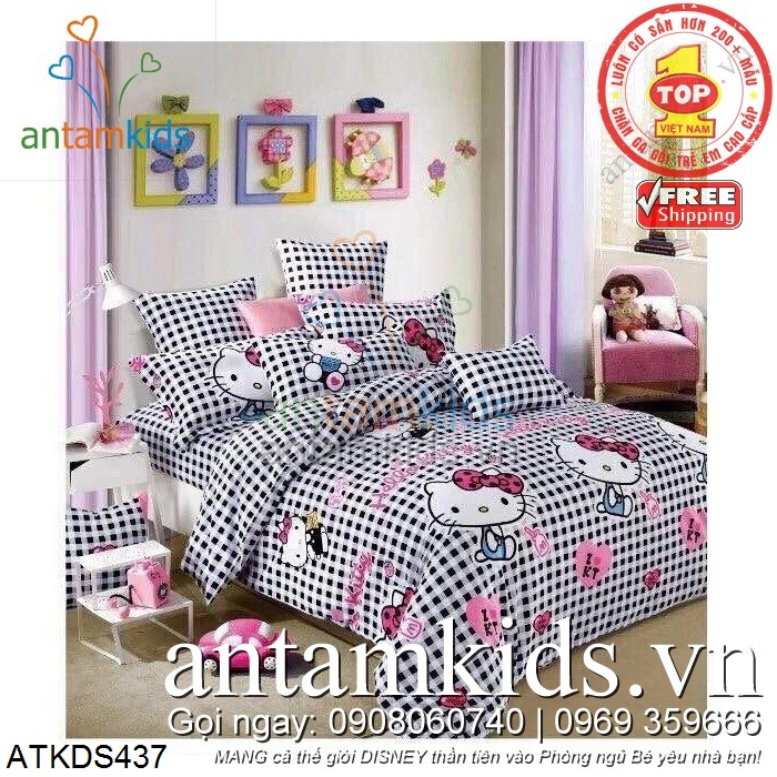 Chăn ga gối Hello Kitty đen caro - siêu dễ thương cho bé gái