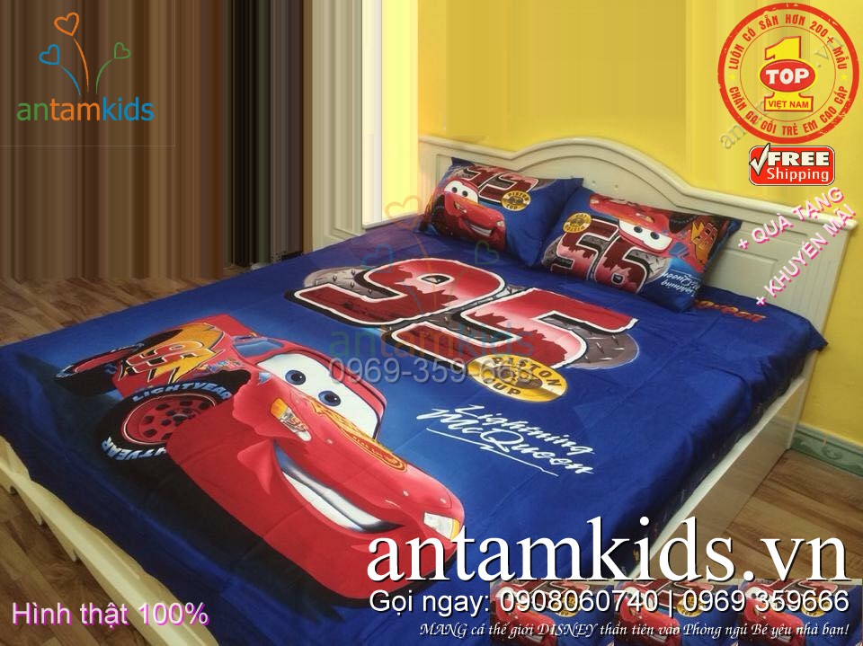 Bộ Chăn ga Drap mền gối in hình ô tô McQueen 3D cho trẻ em bé trai