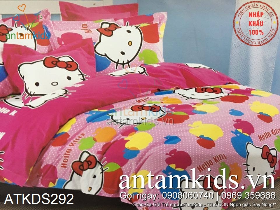 Drap giường Hello Kitty, chăn ga gối hình Hello Kitty Apple tuyệt đẹp cho bé gái mê Hello Kitty trên bộ chăn drap gối hello kitty hồng xanh đỏ chấm bi Apple