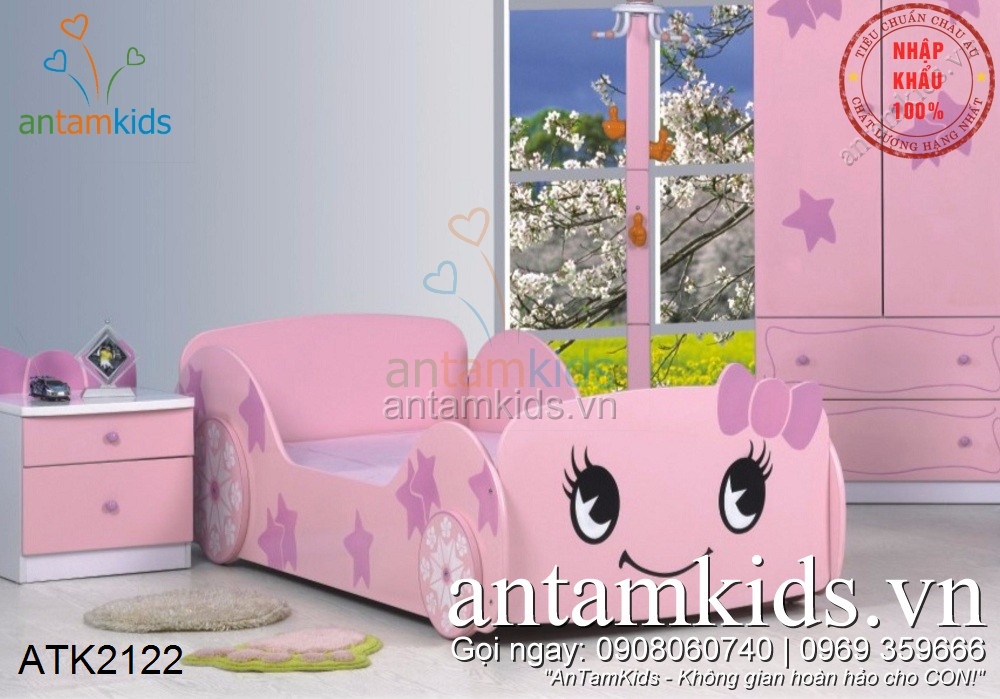 Giường ngủ hình Ô tô Hello Kitty cho bé gái - Màu hồng siêu dễ thương