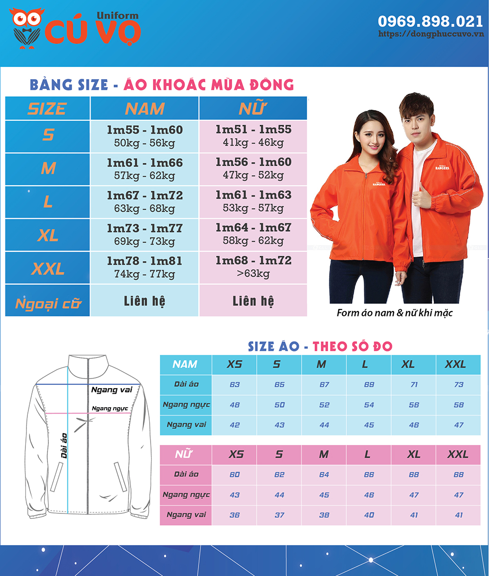 bảng size áo khoác, áo gió mùa đông chuẩn