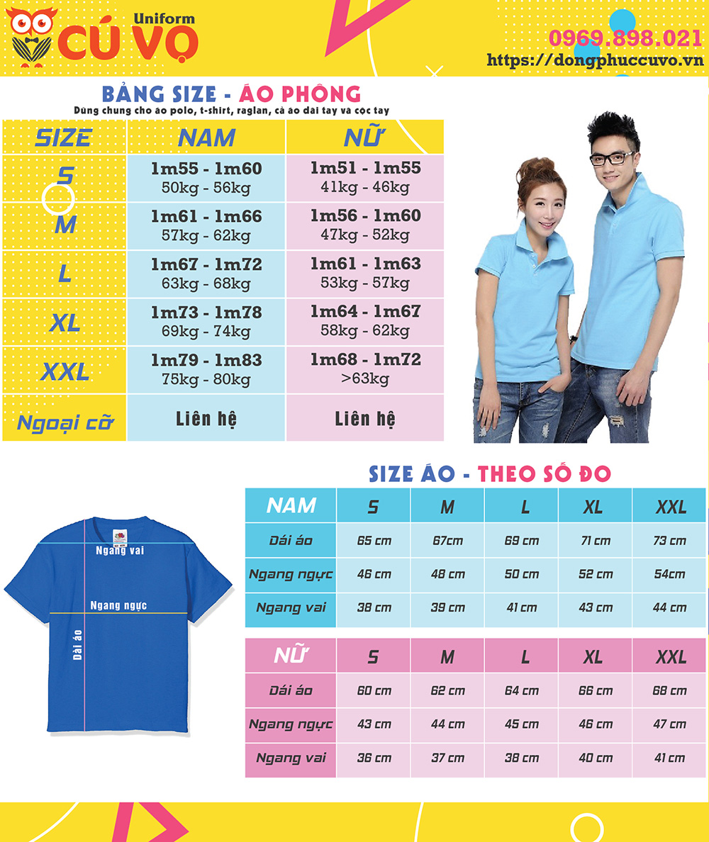 bảng size áo phông, áo thun