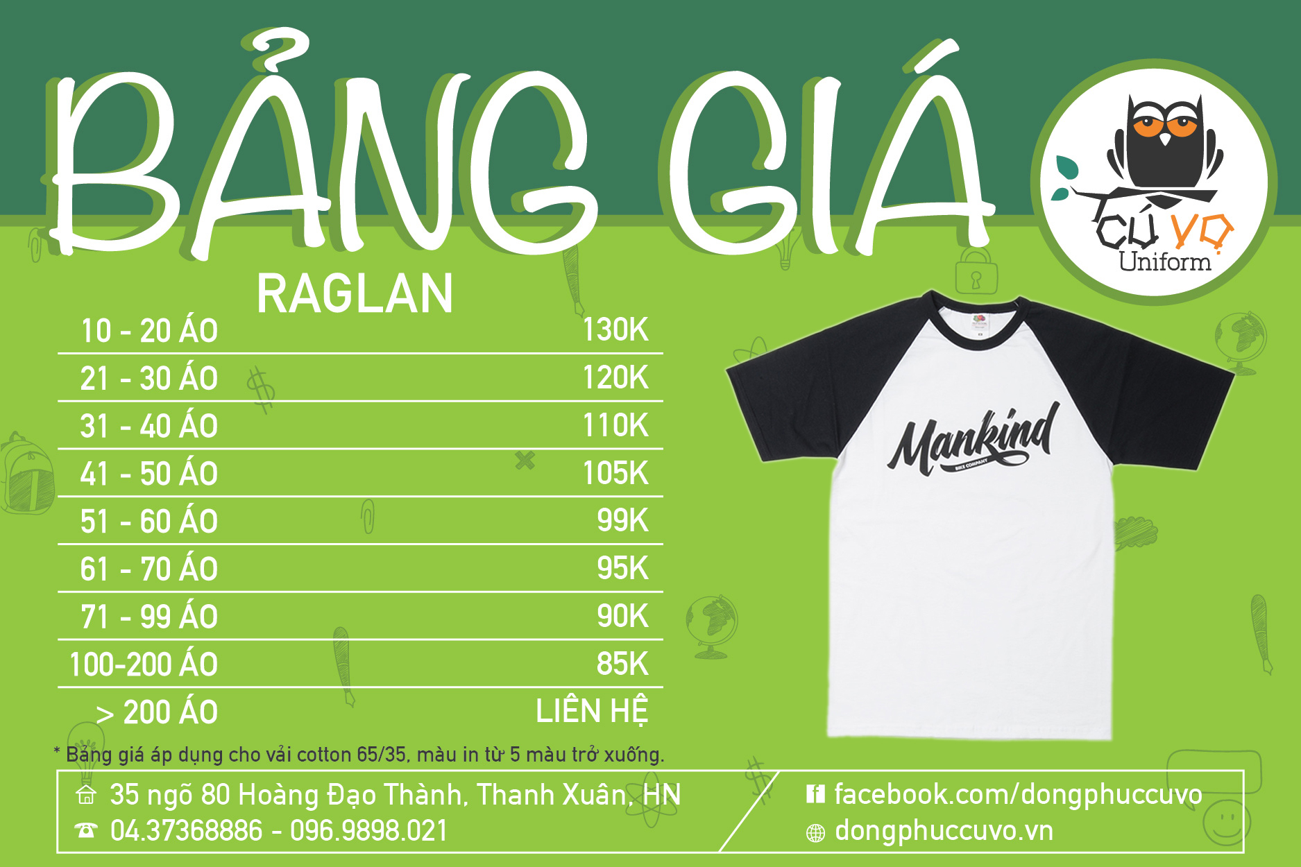 Bảng giá đồng phục áo phông raglan