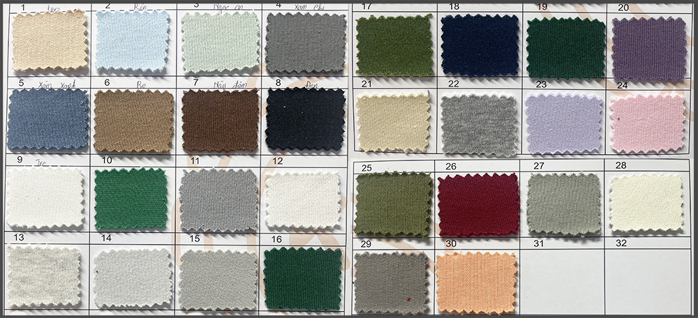 Bảng màu nỉ bông nỉ cào Tc