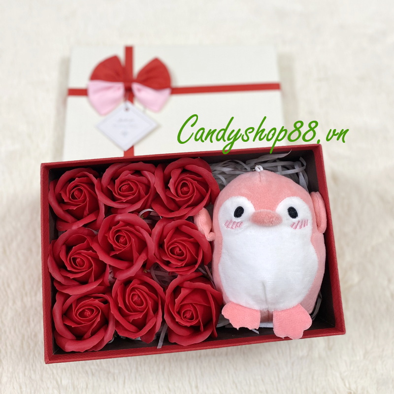 Hộp quà hoa hồng sáp 9 bông & chim cánh cụt