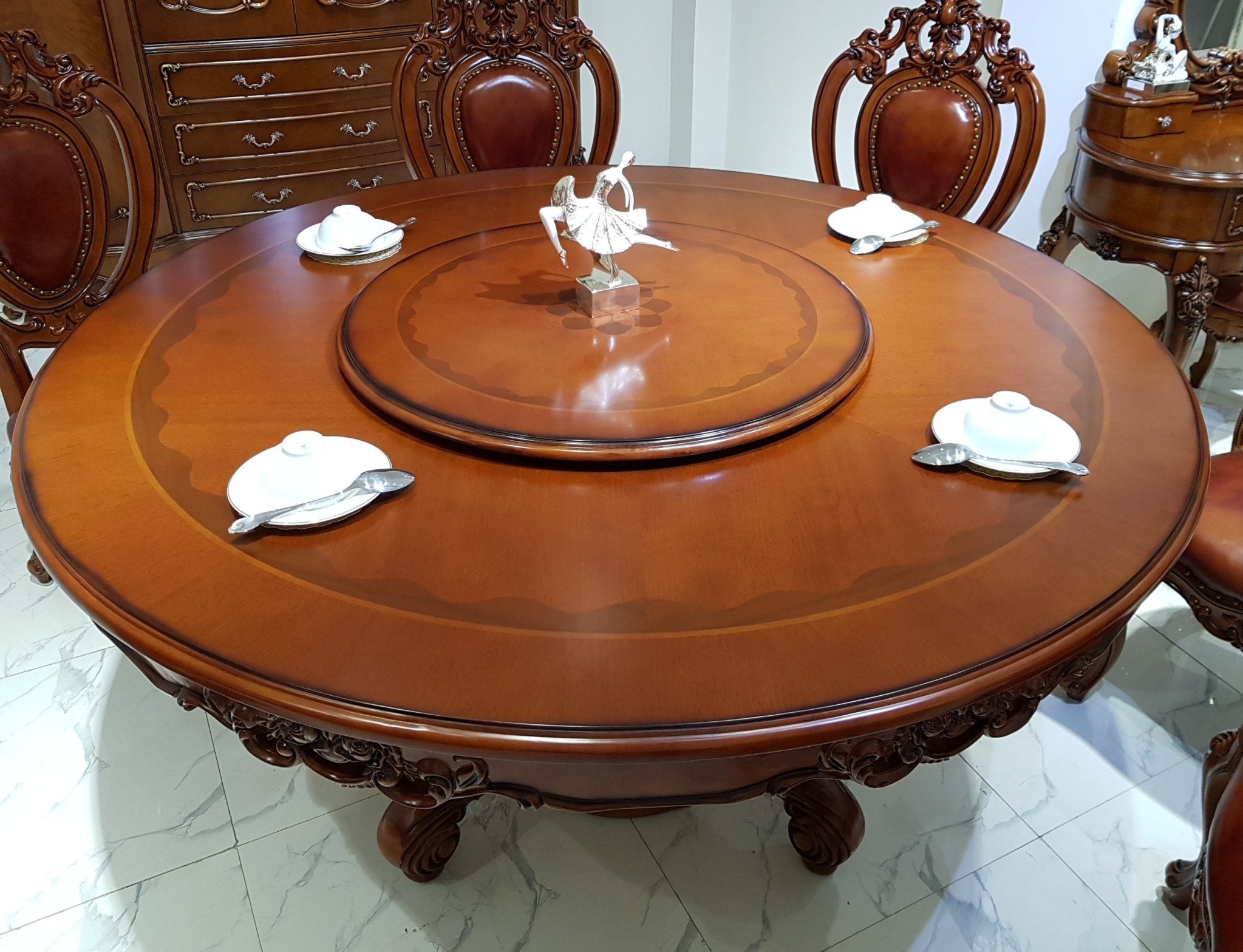 Bộ bàn ăn tròn xoay tân cổ điển gỗ gõ đỏ cao cấp