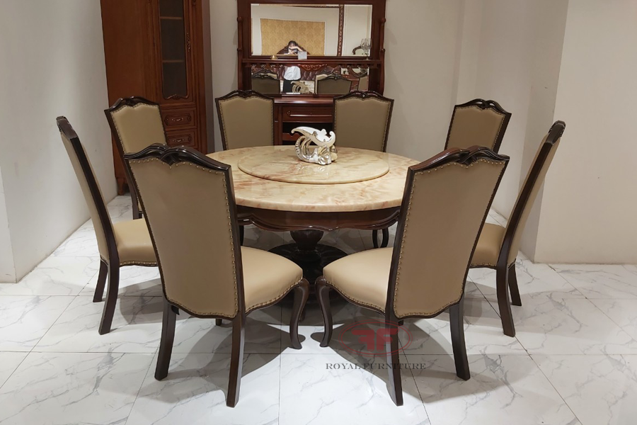 Bộ bàn ăn tròn 8 ghế tân cổ điển mặt đá 1m5 phong cách Ý 2805LP