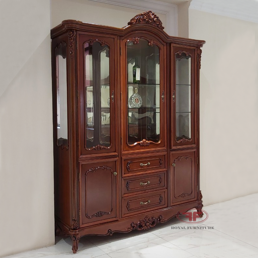 Tủ rượu 3 cánh tân cổ điển gỗ gõ 618