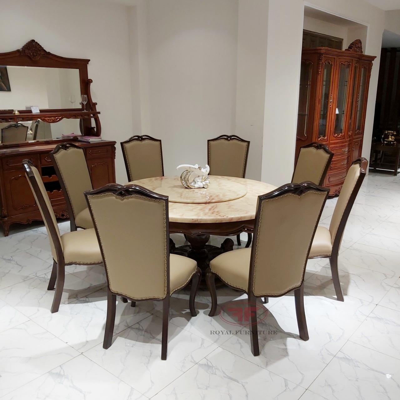 Bộ bàn ăn tròn 8 ghế tân cổ điển mặt đá 1m5 phong cách Ý 2805LP