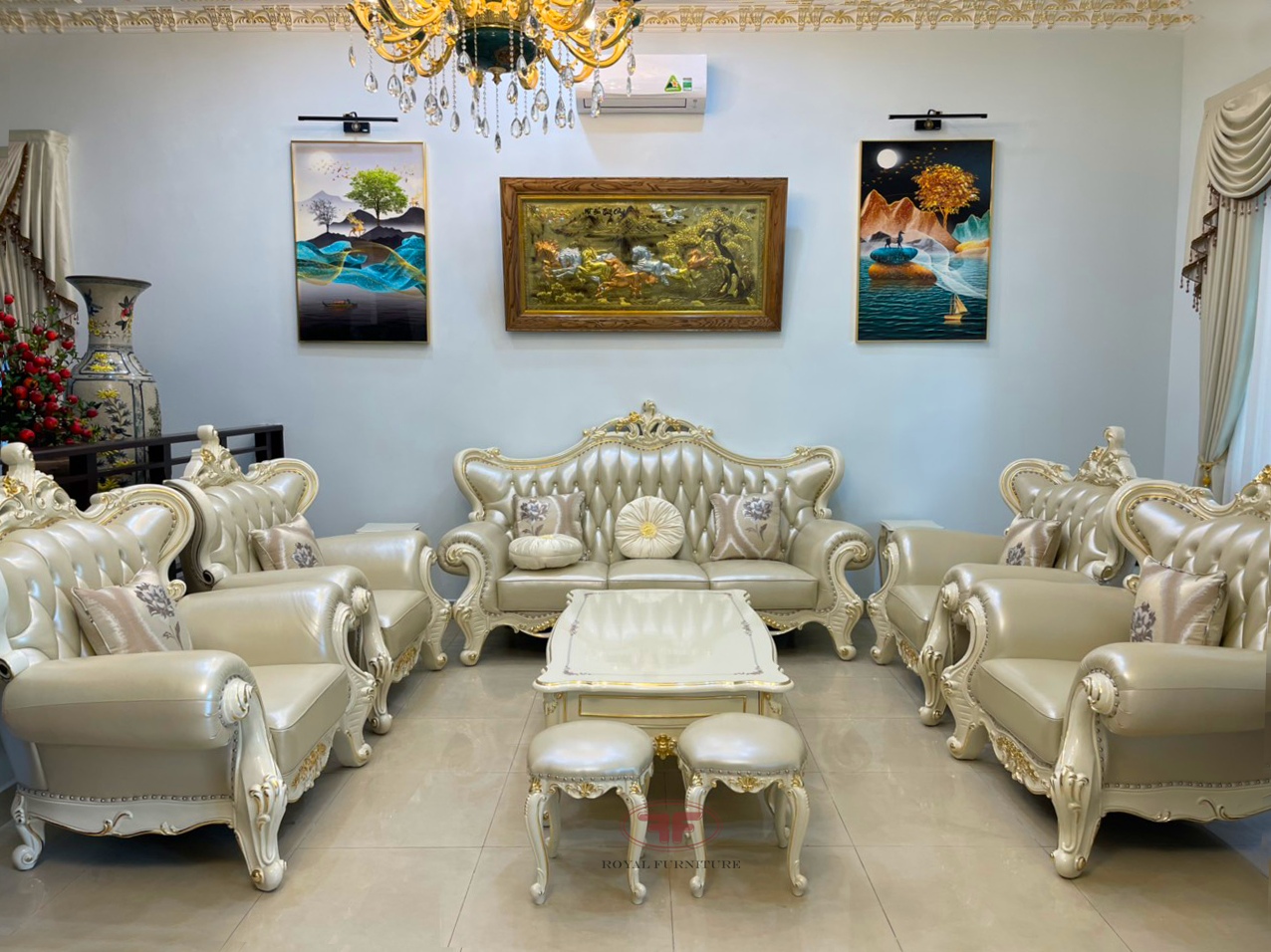 bộ sofa phòng khách tân cổ điển 5 ghế dát vàng