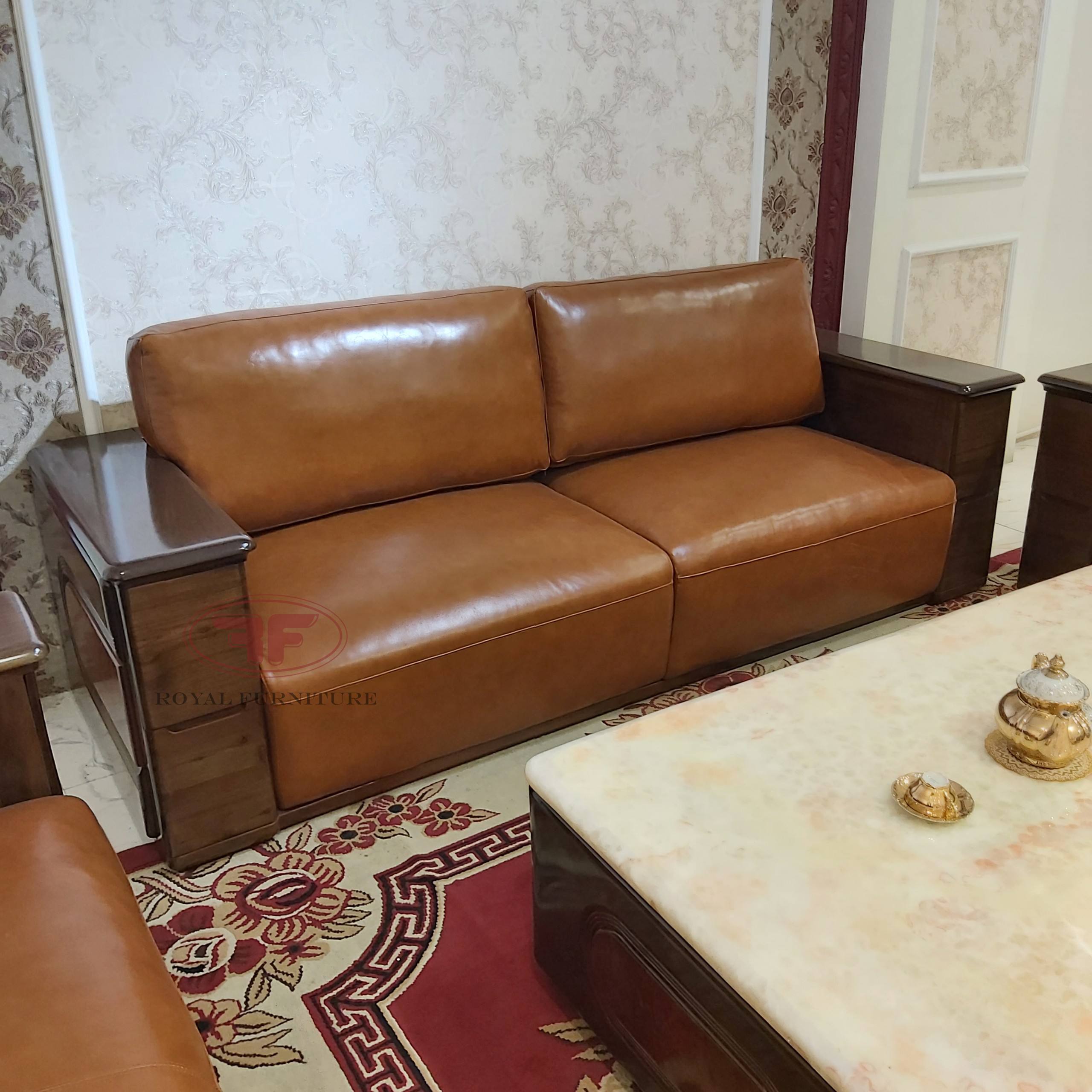 Bộ sofa gỗ óc chó, da bò, mặt đá tự nhiên cao cấp