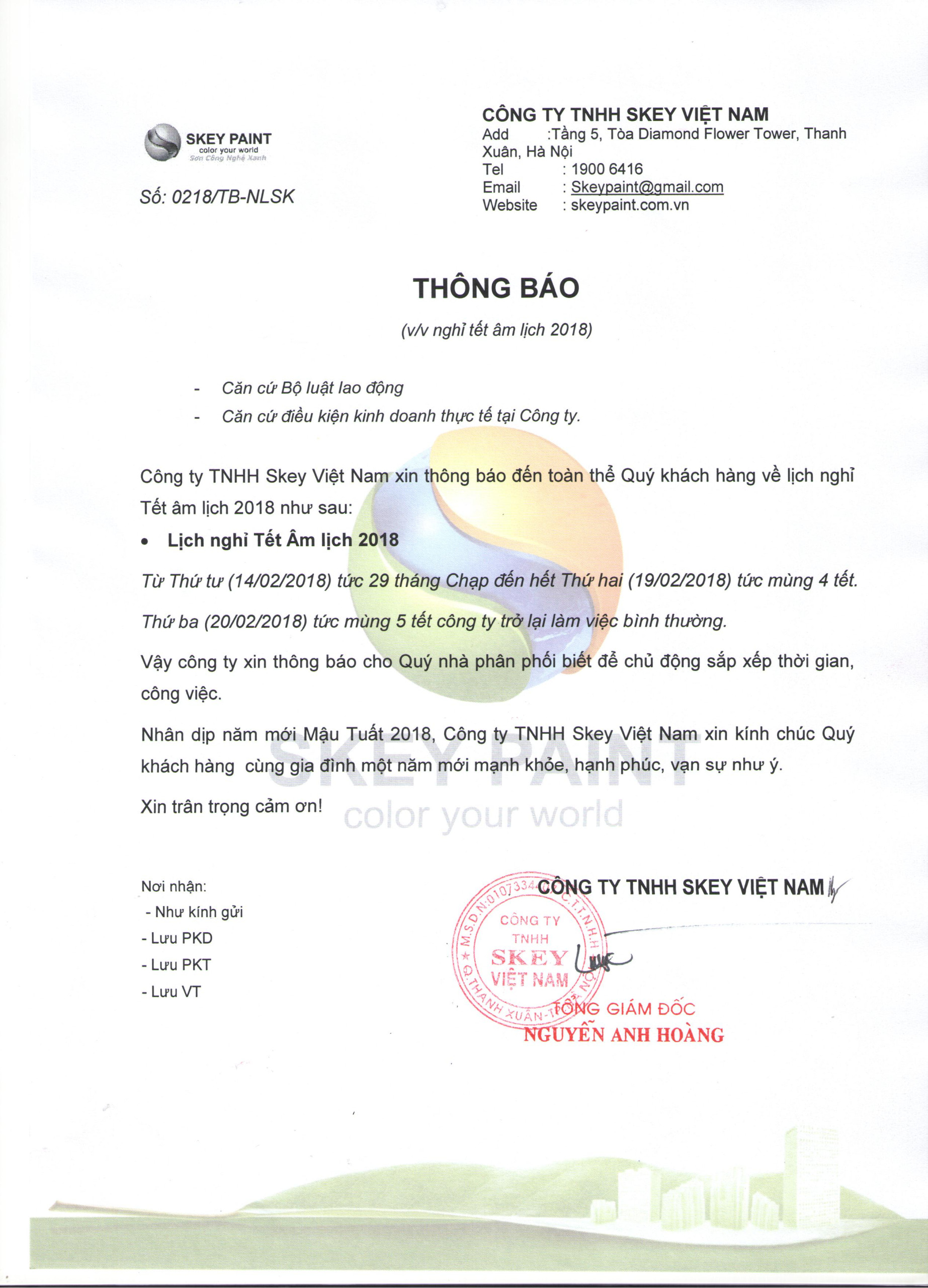 THÔNG BÁO NGHỈ TẾT ÂM LỊCH 2018