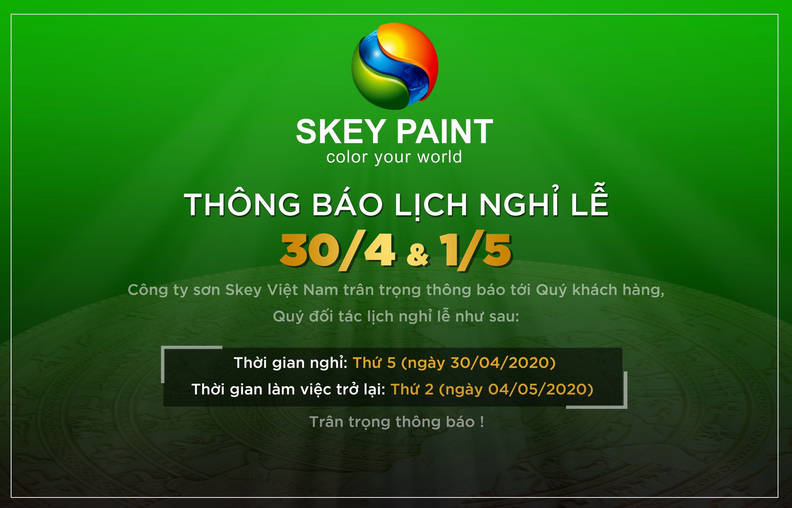 THÔNG BÁO LỊCH NGHỈ LỄ 30/4 VÀ 1/5