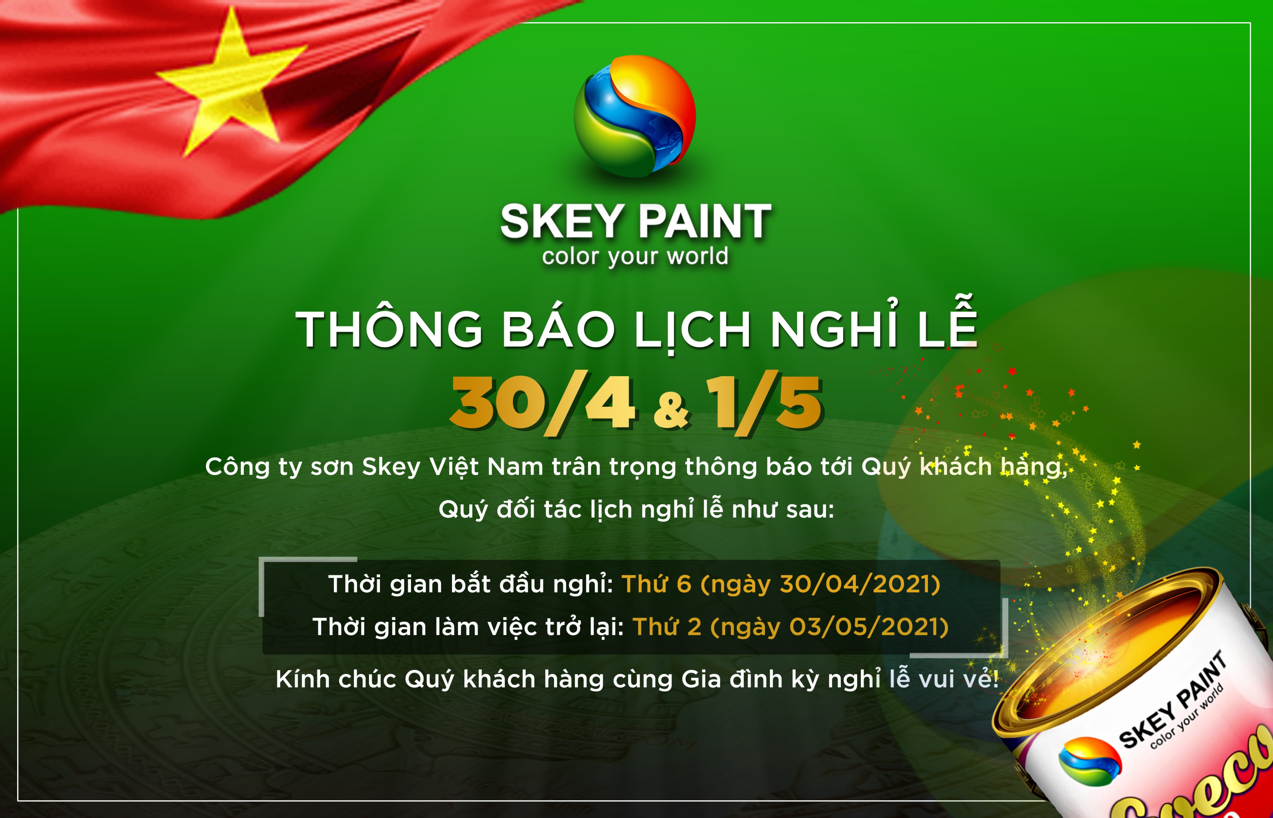 SKEY PAINT THÔNG BÁO LỊCH NGHỈ LỄ 30/4 1/5 NĂM 2021