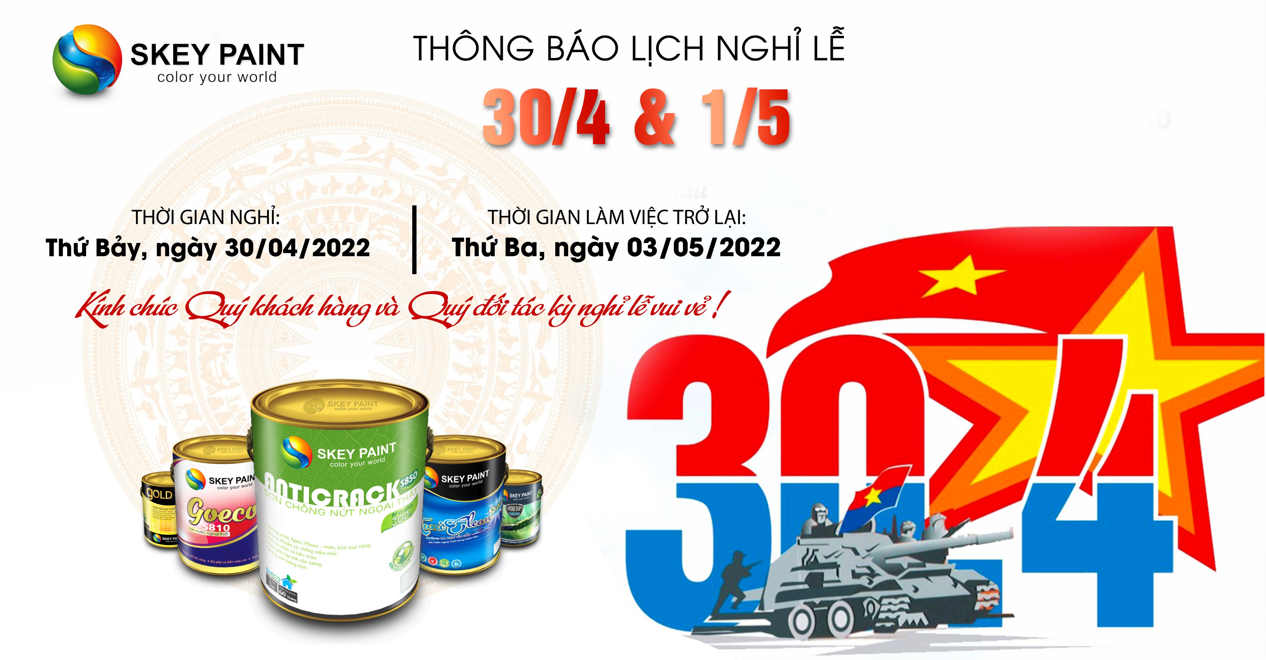 SKEY PAINT THÔNG BÁO LỊCH NGHỈ LỄ 30/4 & 1/5/2022