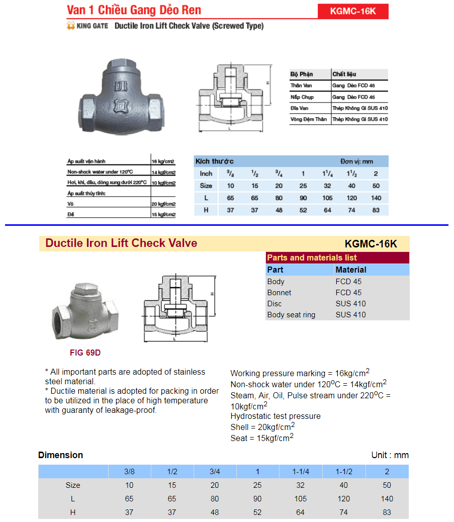 van 1 chiều gang ren king gate