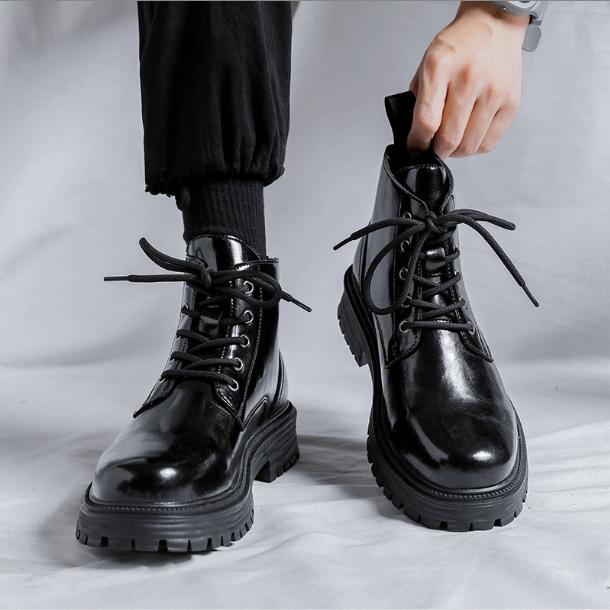 Giày Boot Nam - Boots Combat Đế Cao 5CM Thắt Dây Da Bóng Mũi Tròn GN423
