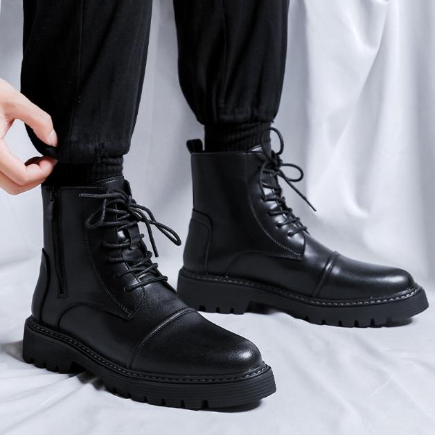 Giày Boot Nam khóa kéo màu đen, cổ cao, dây buộc, đế dày phong cách GN487