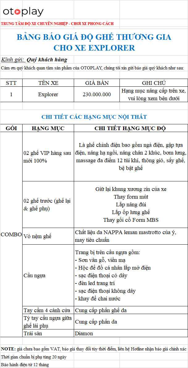 Bảng báo giá và chi tiết gói độ ghế thương gia cho xe Explorer