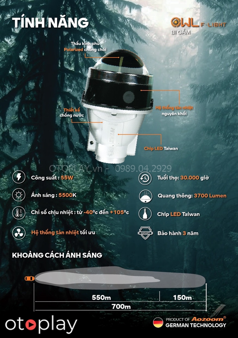Tính năng của đèn bi gầm OWL F-light Aozoom do xe ô tô