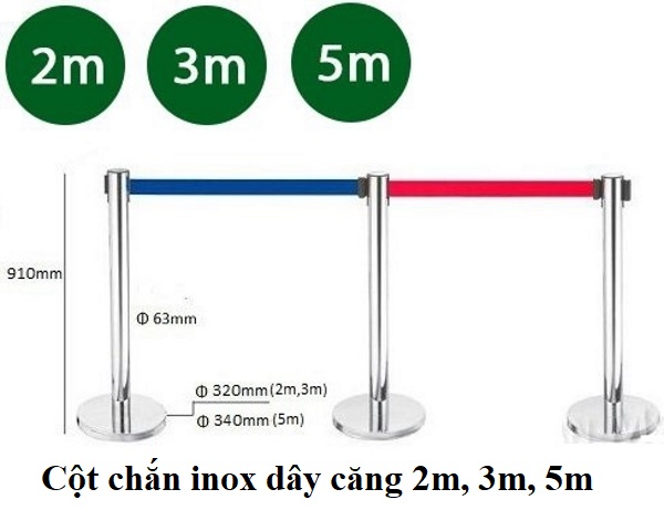 Cột chắn inox dây kéo 3 mét màu xanh dương