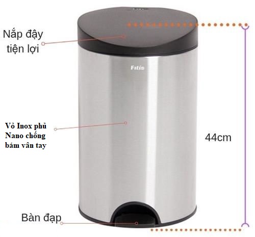 Thùng rác inox đạp chân phủ Nano Fitis 12 lít