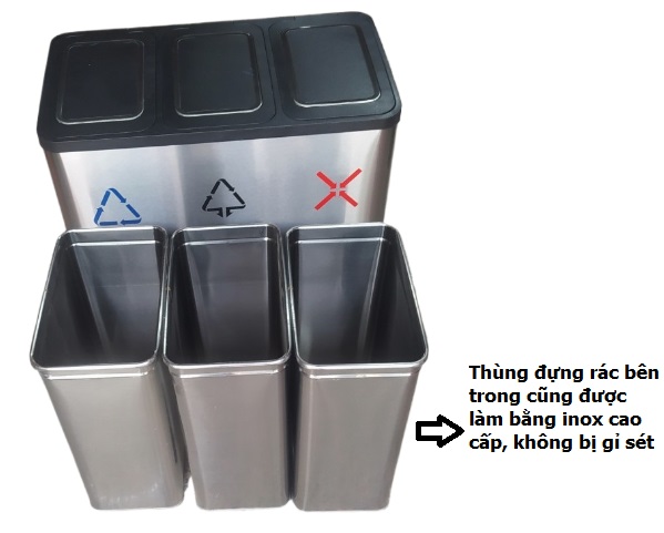 Thùng rác inox đạp chân vuông phủ Nano Cao Cấp 3 ngăn 45 lít