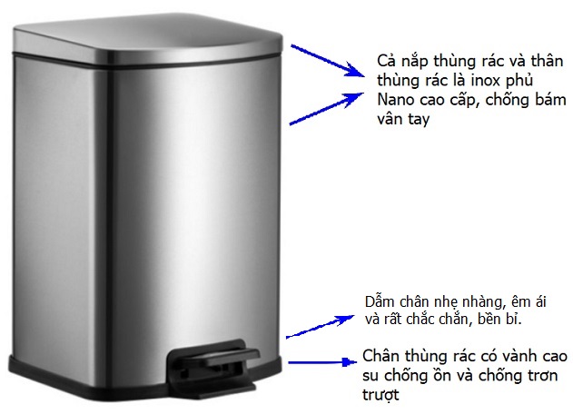 Thùng rác inox đạp chân vuông phủ Nano Cao Cấp 7 lít