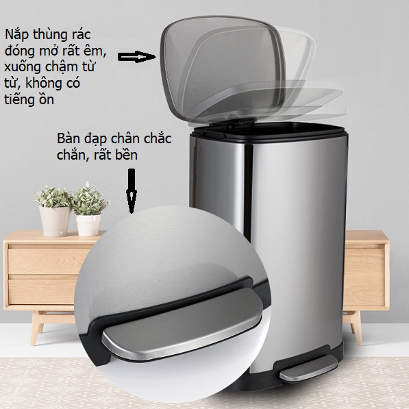 Thùng rác inox đạp chân vuông phủ Nano Cao Cấp 50 lít