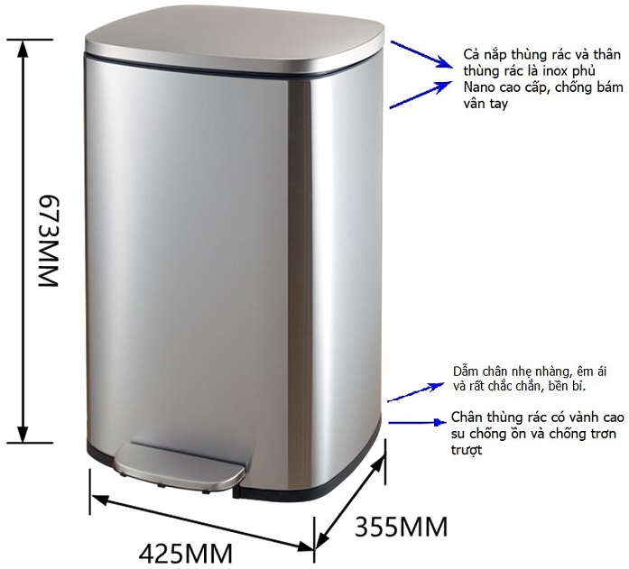 Thùng đựng rác inox vuông đạp chân phủ Nano cao cấp 50L