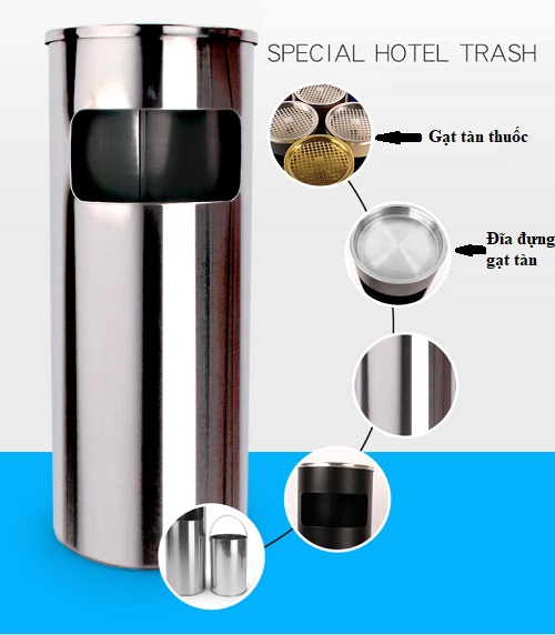 Thùng rác inox tròn có gạt tàn thuốc lá A35-A