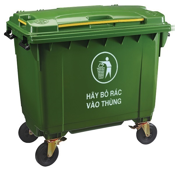 Thùng đựng rác loại to có nắp đậy bánh xe màu xanh lá 660L