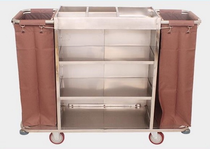 Xe đẩy trolley làm buồng phòng khách sạn inox 2 túi vải E23-B