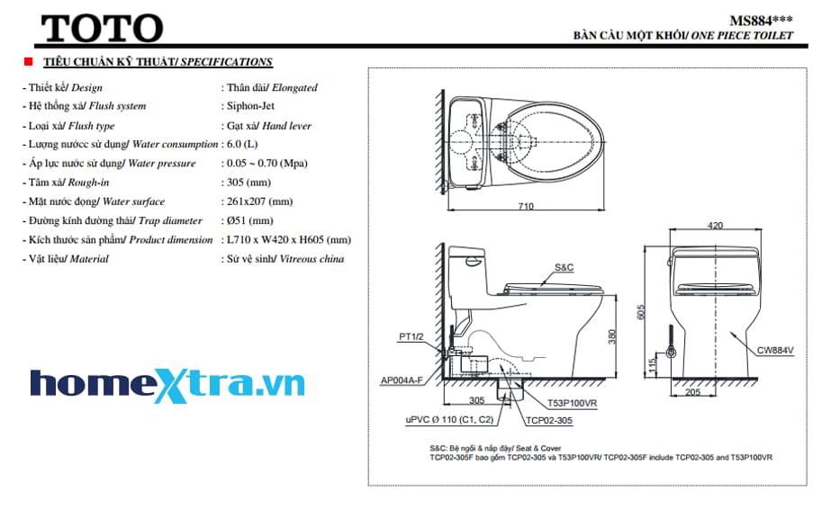 MS884T2-bồn cầu toto homextra