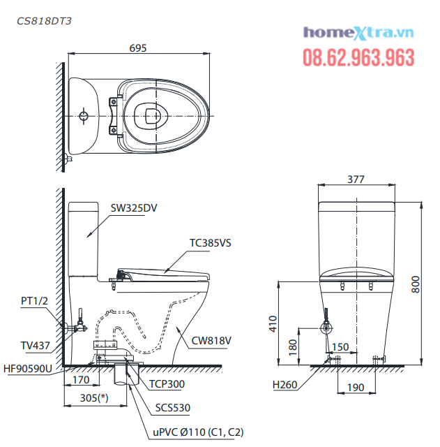 homextra.vn-Bồn cầu 2 khối TOTO CS818DT3