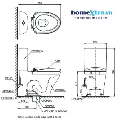 Bàn cầu hai khối CS818DW7 kèm nắp rửa điện tử Washlet TCF6631A-homextra