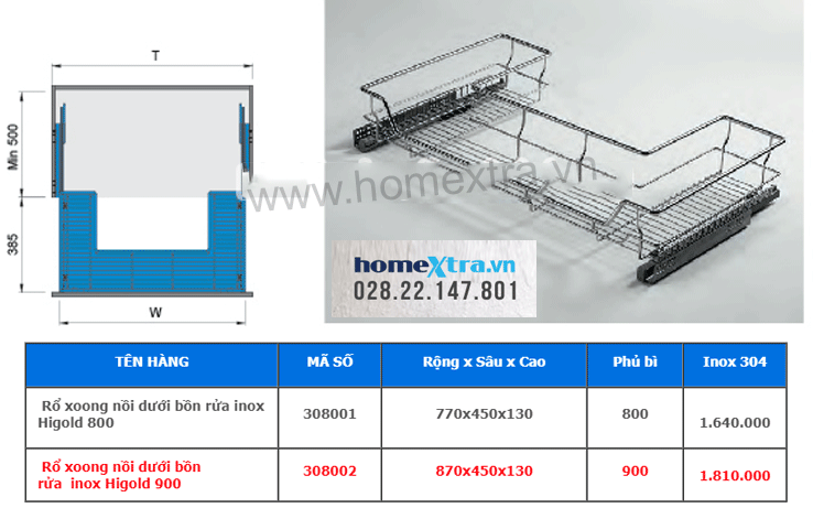 Rổ xoong nồi dưới bồn rửa ray giảm chấn inox