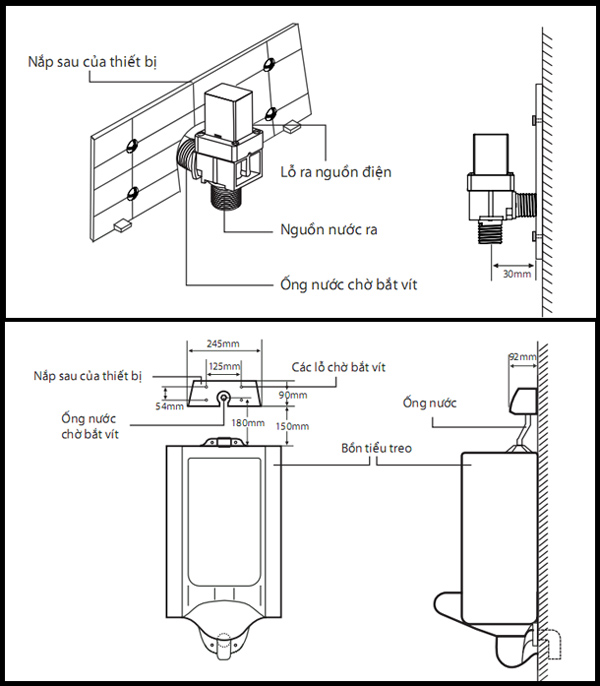 Sơ đồ và kích thước lắp đặt van cảm ứng tiểu nam SH-S3