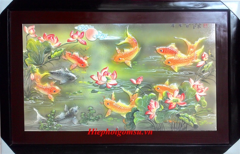 Tranh phong thủy Cửu Ngư Quần Hội đắp nổi 034