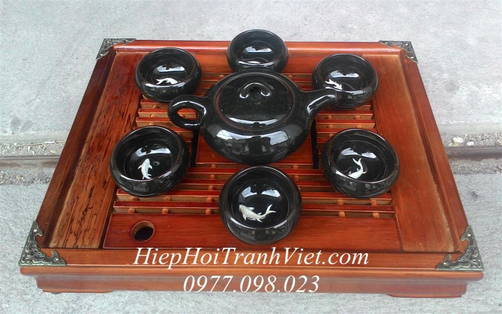 Bộ ấm chén men ngọc cá 3D màu đen ACMN-008