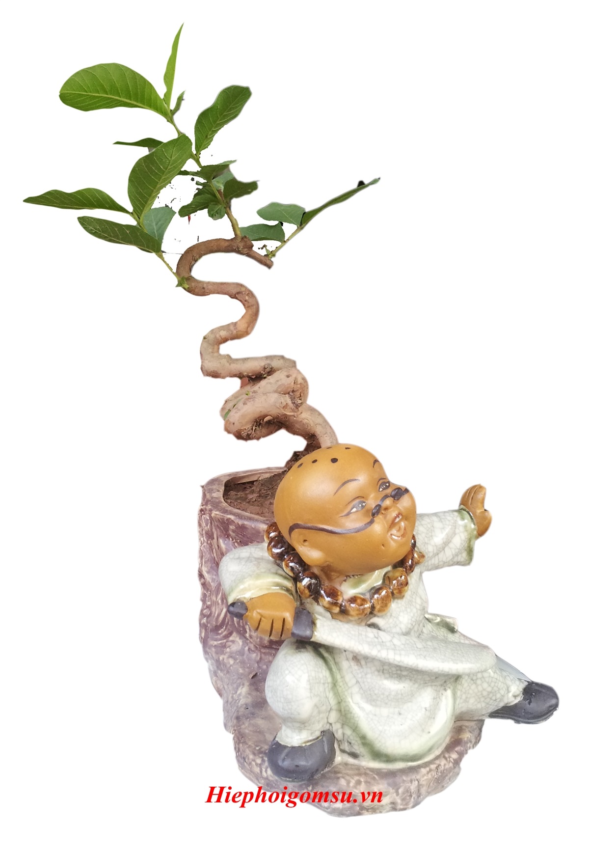 Tượng gốm sứ và bon sai Chú tiểu múa võ